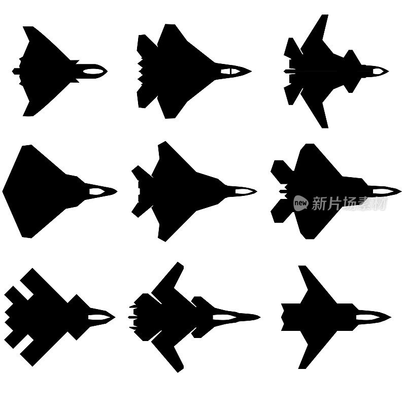 第6代战斗机矢量插图图标显示了21世纪潜在战斗机和无人机的当前和先进/计划模型。
